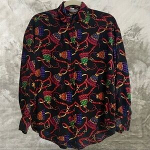 Vintage 90s Ann Taylor Silk Blouse Size 6 Black Jewel Tone Tassel Print